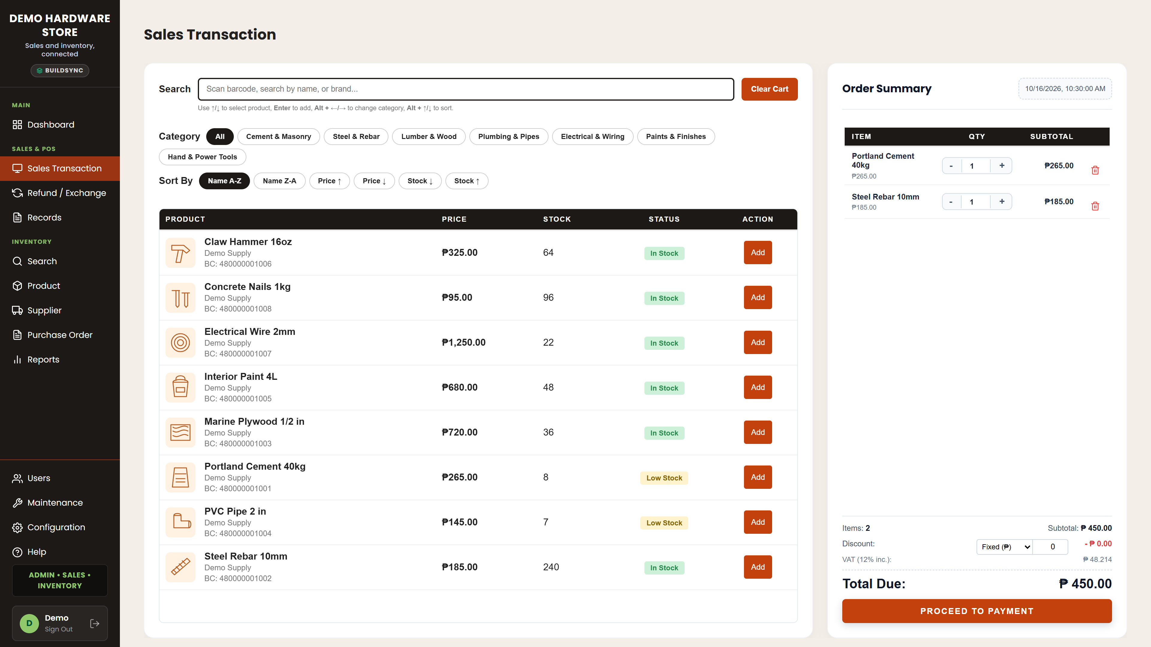 BuildSync sales screen with two demo products in the cart