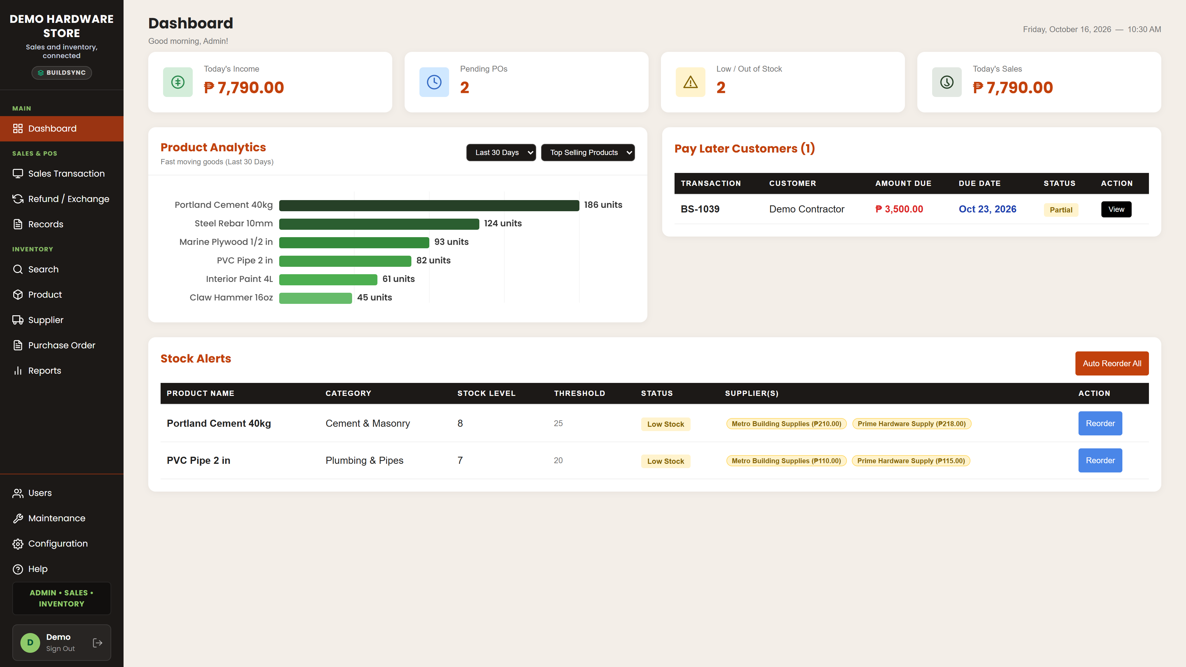 BuildSync dashboard showing product analytics, customer balances, and stock alerts using demo data